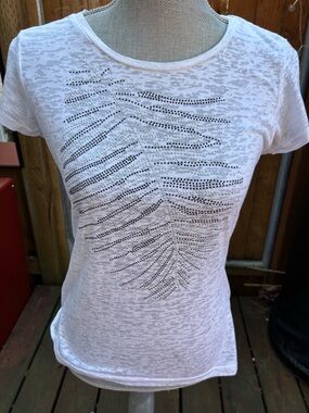 EXPRESS White Burnout Graphic Tee Rhinestone Studded Palm Leaf Y2K Boho M
